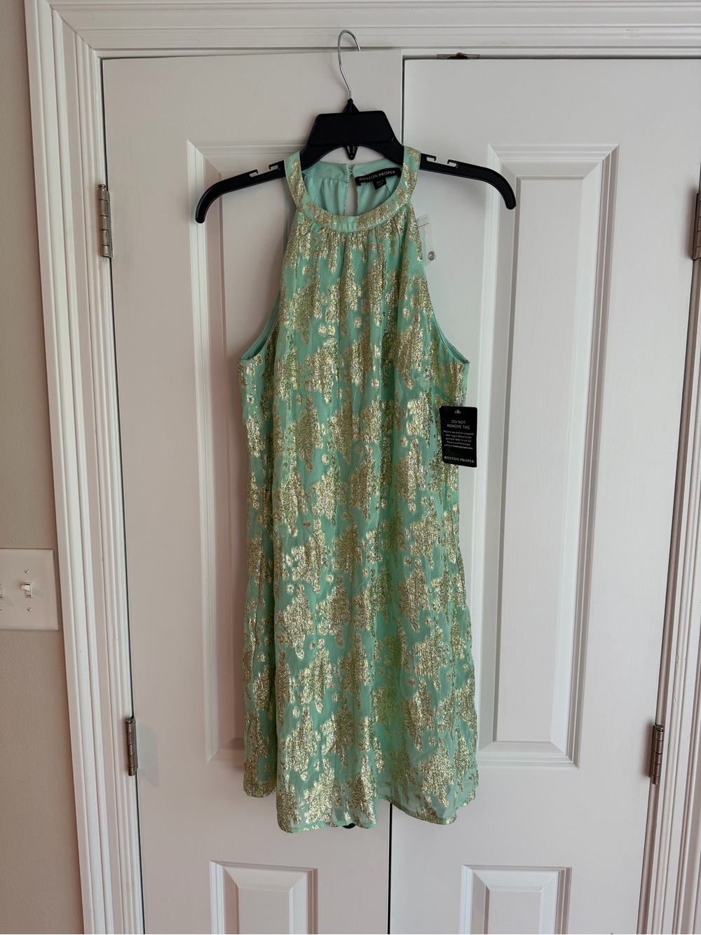 Boston Proper Mint Green Halter Mini Dress with Gold Foil